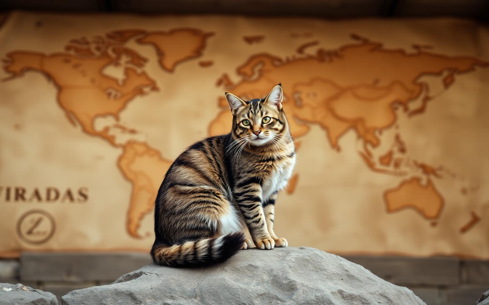 Tabby kočka před mapou světa